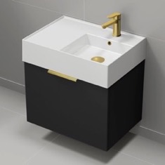 24 inch Single Floating Bathroom Vanity With White Ceramic Sink Top - Small, Modern, Matte Black